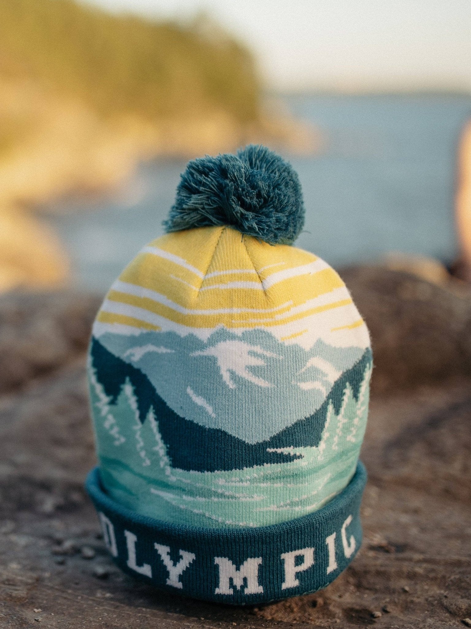 Olympic National Park Beanie Outdoor Hiking Knit Cap, Mountain Sunrise Pom Pom - Wander Together Outfitters