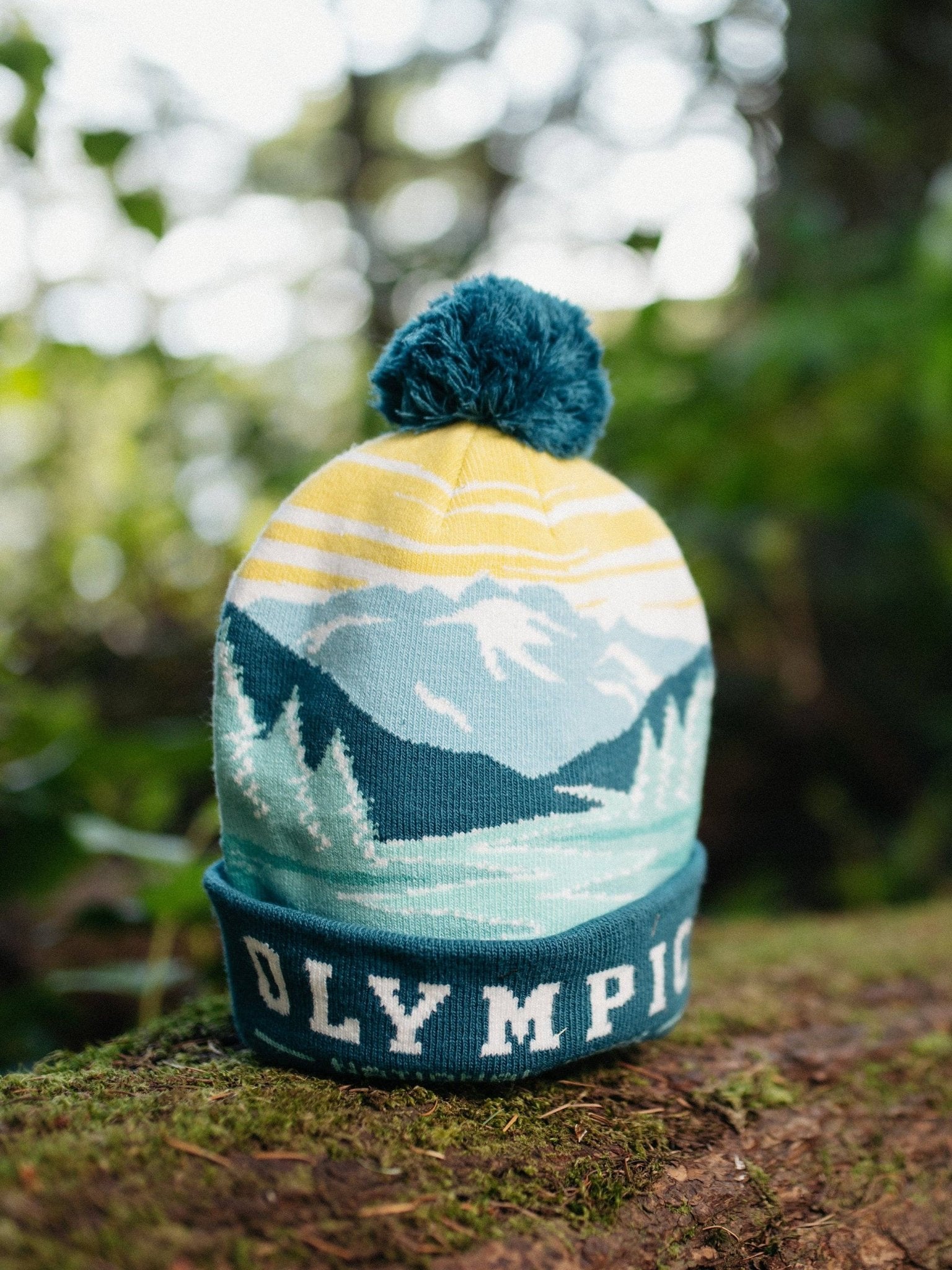 Olympic National Park Beanie Outdoor Hiking Knit Cap, Mountain Sunrise Pom Pom - Wander Together Outfitters