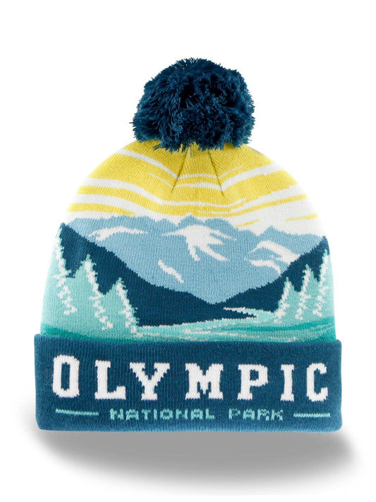 Olympic National Park Beanie Outdoor Hiking Knit Cap, Mountain Sunrise Pom Pom - Wander Together Outfitters