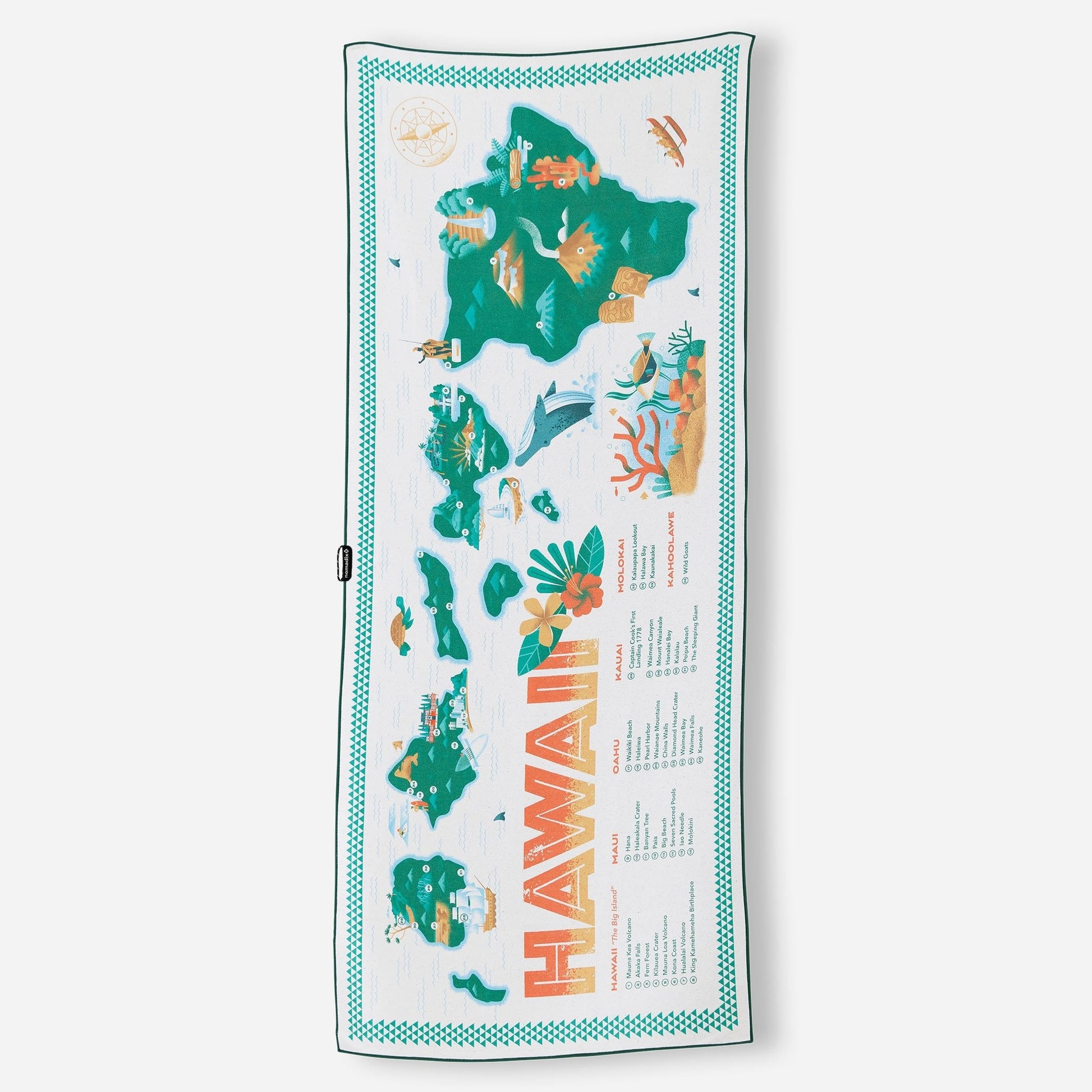 Towel with a colorful map of Hawaii design on a white background