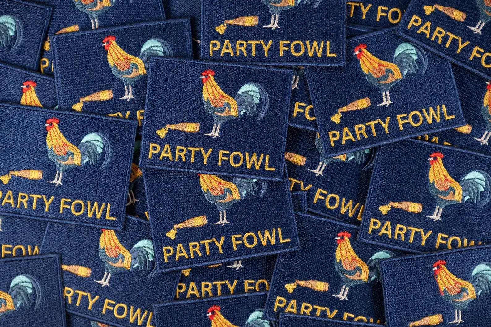 “Party Fowl” Embroidered Iron - On Patch with Rooster and Beer - Wander Together Outfitters