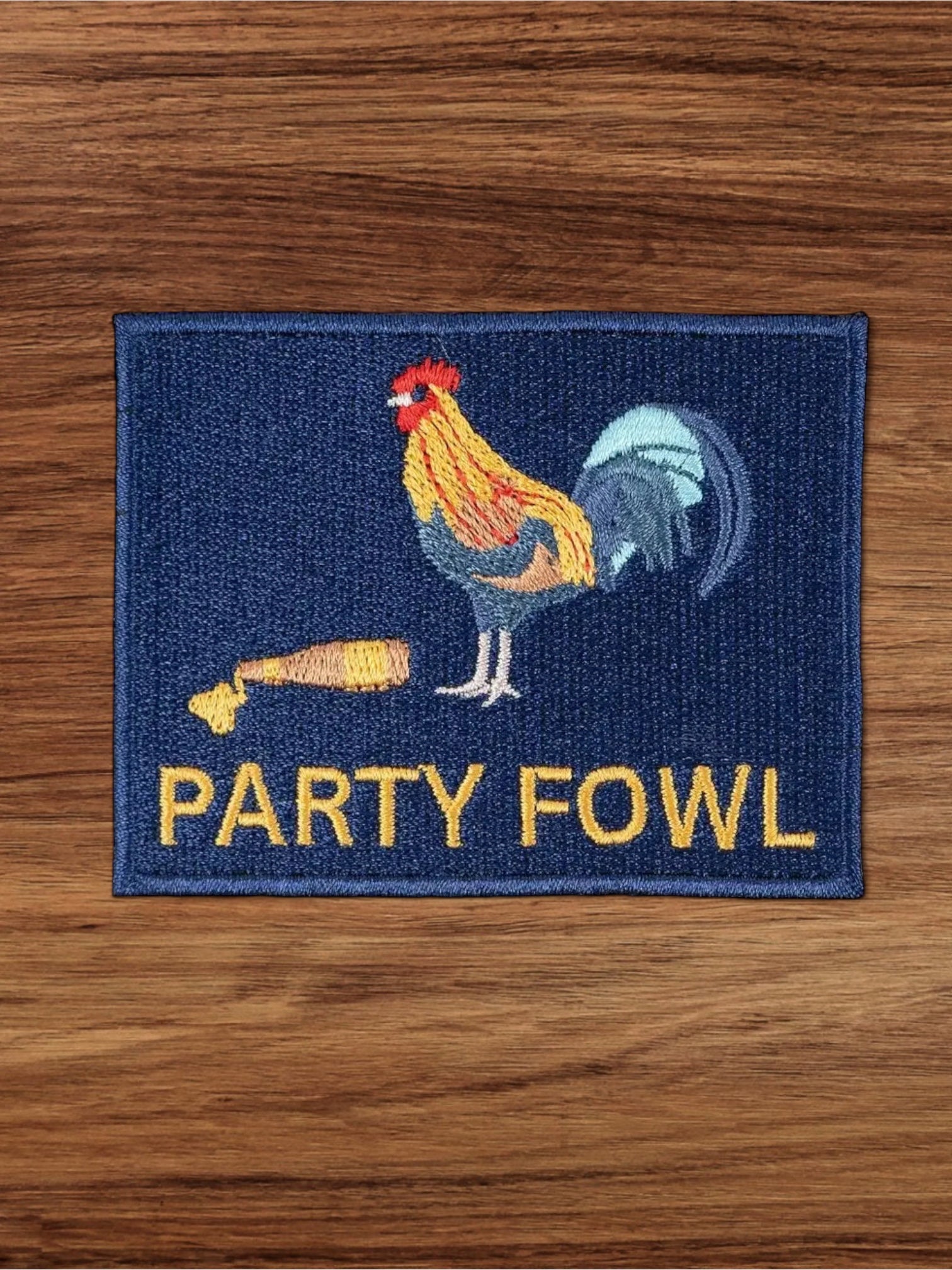 “Party Fowl” Embroidered Iron - On Patch with Rooster and Beer - Wander Together Outfitters