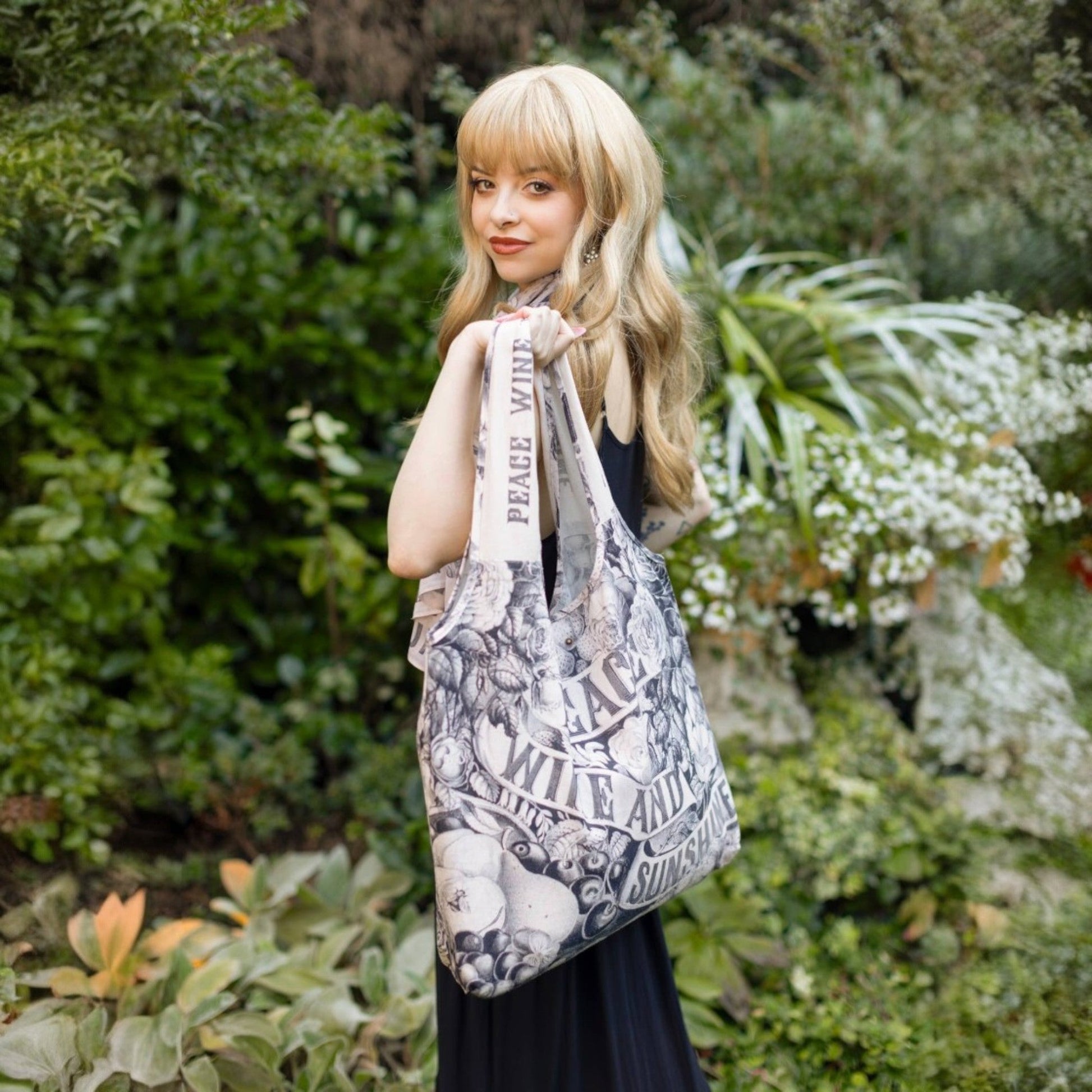 "Peace Wine & Sunshine" Floral Boho Linen Tote Bag - Wander Together Outfitters