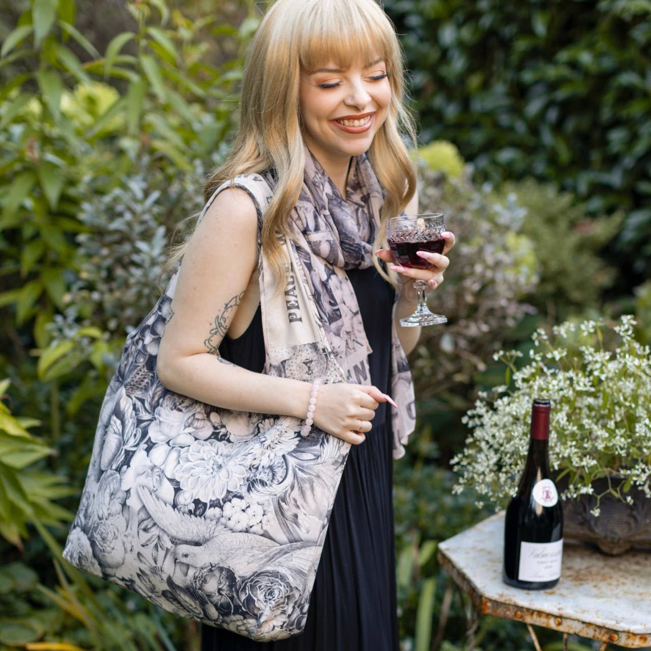 "Peace Wine & Sunshine" Floral Boho Linen Tote Bag - Wander Together Outfitters