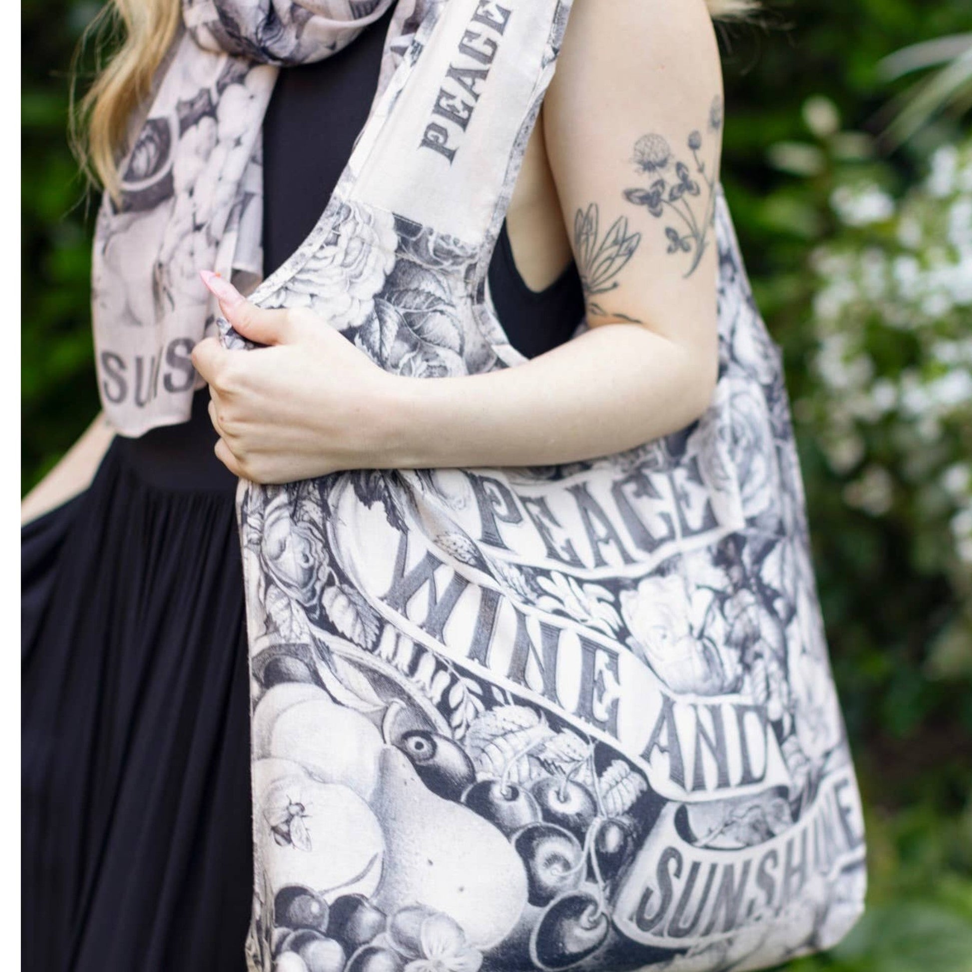 "Peace Wine & Sunshine" Floral Boho Linen Tote Bag - Wander Together Outfitters