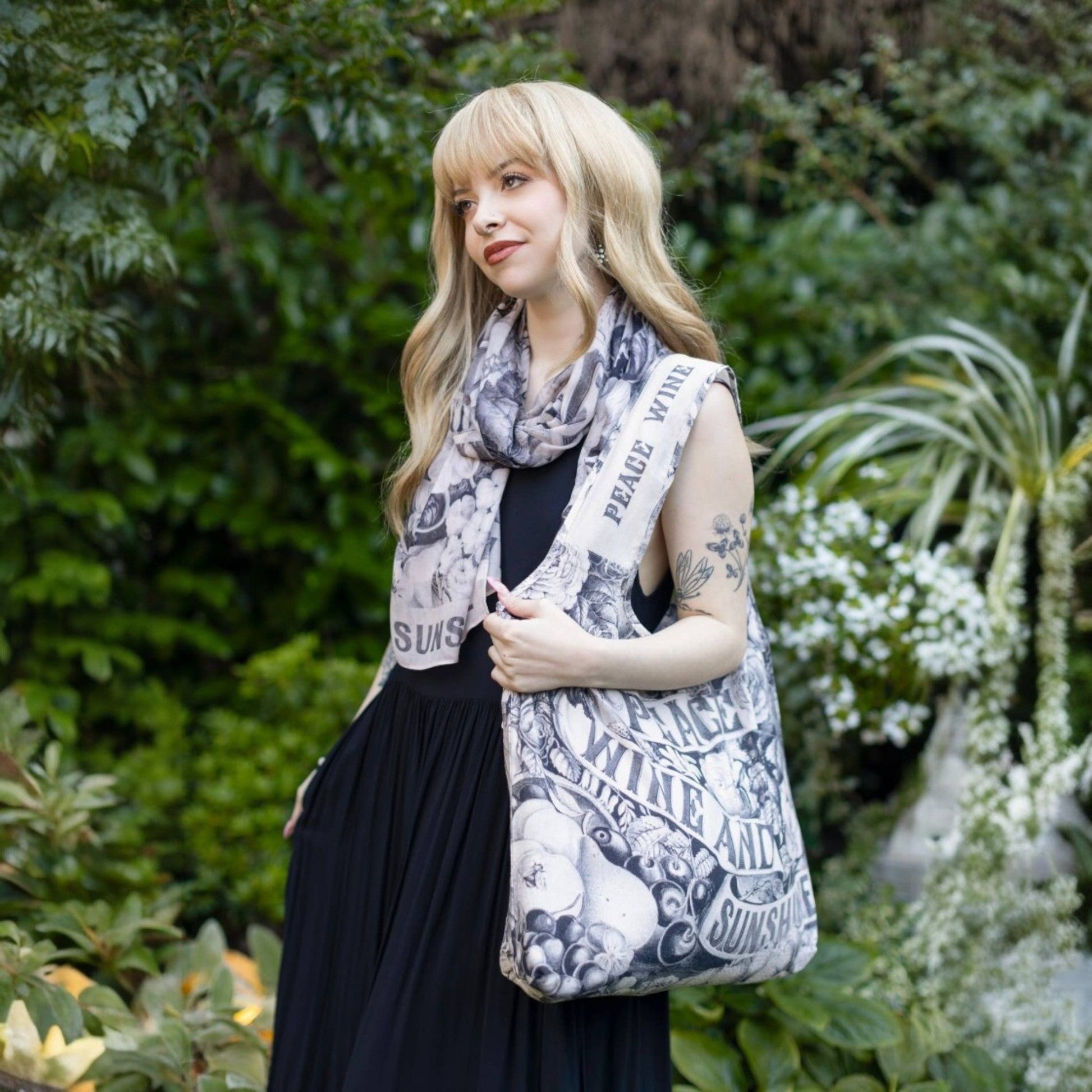 "Peace Wine & Sunshine" Floral Boho Linen Tote Bag - Wander Together Outfitters