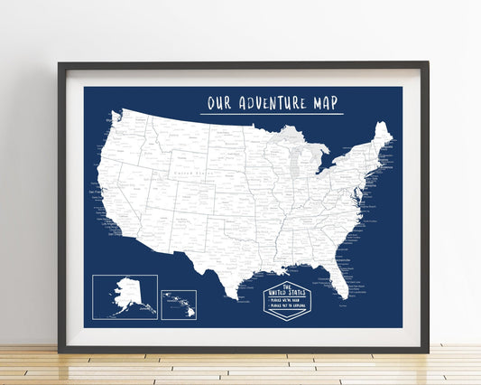 "Places We've Been, Places Yet to Explore" USA Map Poster (Dark Blue) Unframed - Wander Together Outfitters