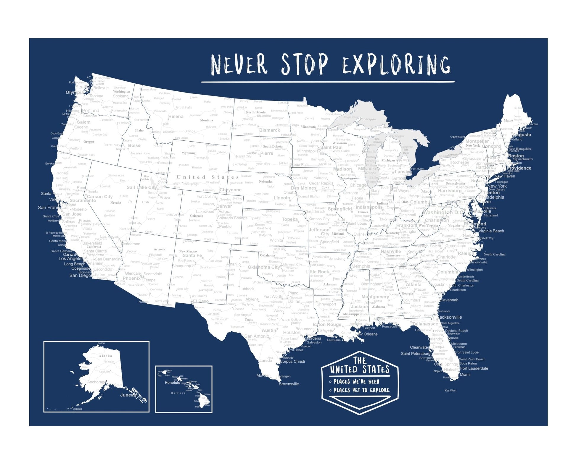 "Places We've Been, Places Yet to Explore" USA Map Poster (Dark Blue) Unframed - Wander Together Outfitters