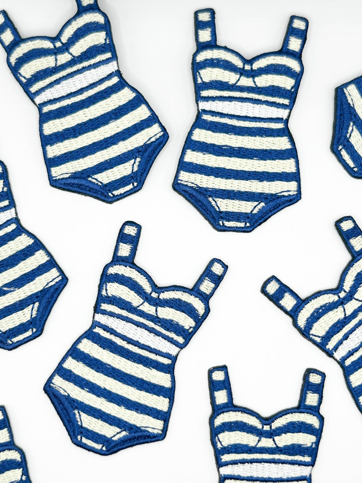 Preppy Striped Bikini Swimsuit Iron On Patch, Navy Cream Coastal Swimsuit - Wander Together Outfitters