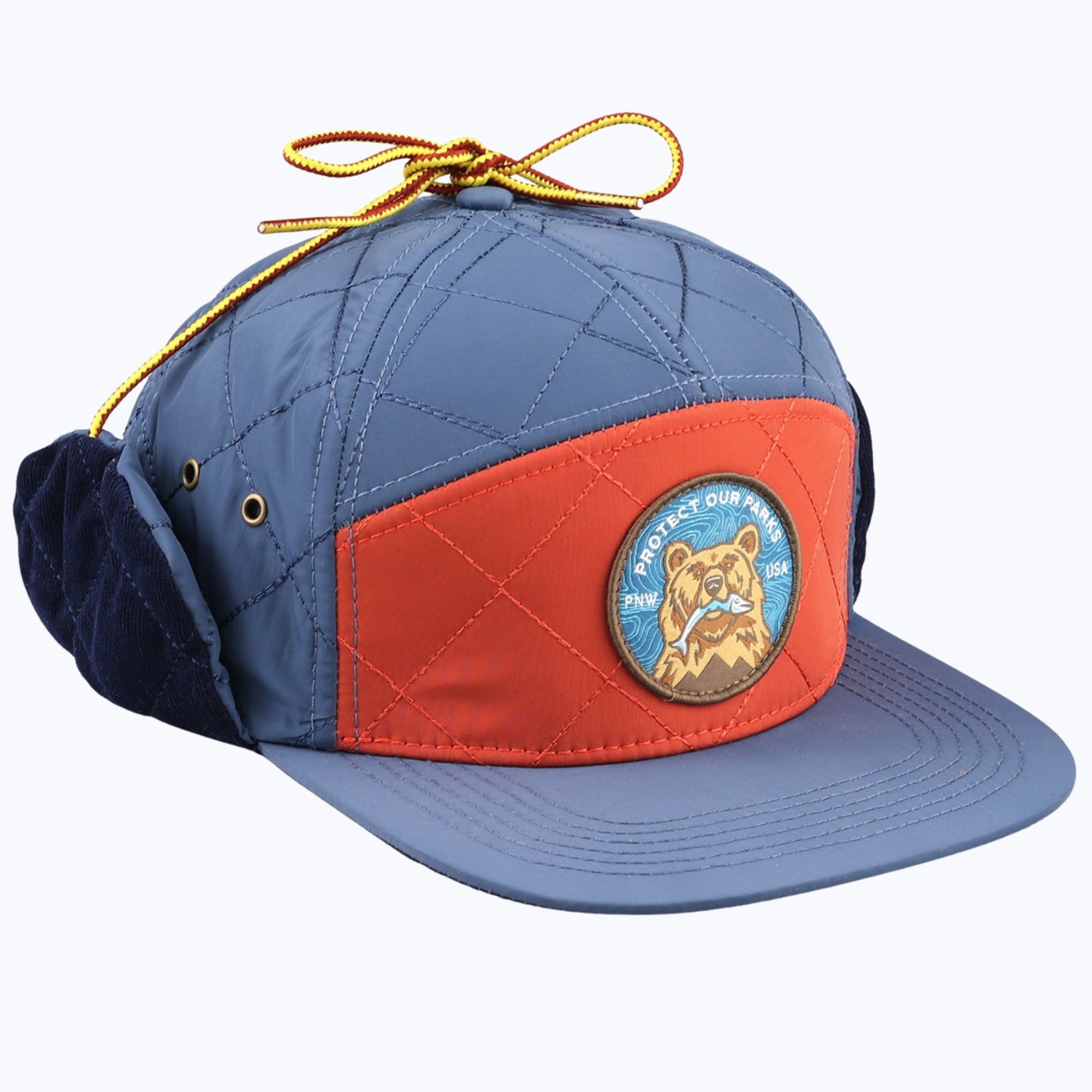 "Protect Our Parks" Bear 7 Panel Quilted Trapper Outdoor Cap - Navy/Orange - Wander Together Outfitters