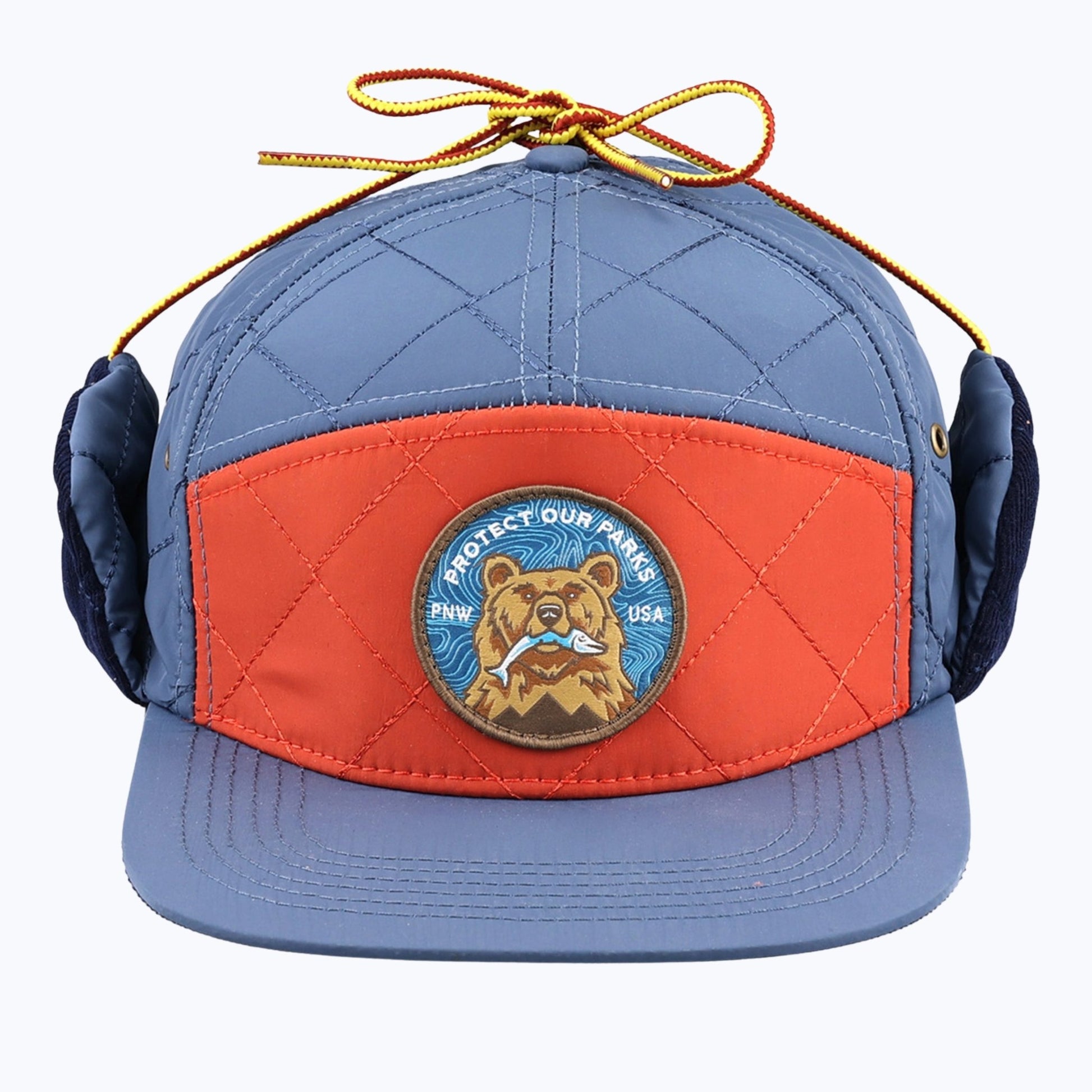 "Protect Our Parks" Bear 7 Panel Quilted Trapper Outdoor Cap - Navy/Orange - Wander Together Outfitters
