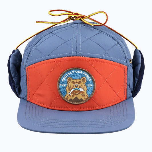 "Protect Our Parks" Bear 7 Panel Quilted Trapper Outdoor Cap - Navy/Orange - Wander Together Outfitters