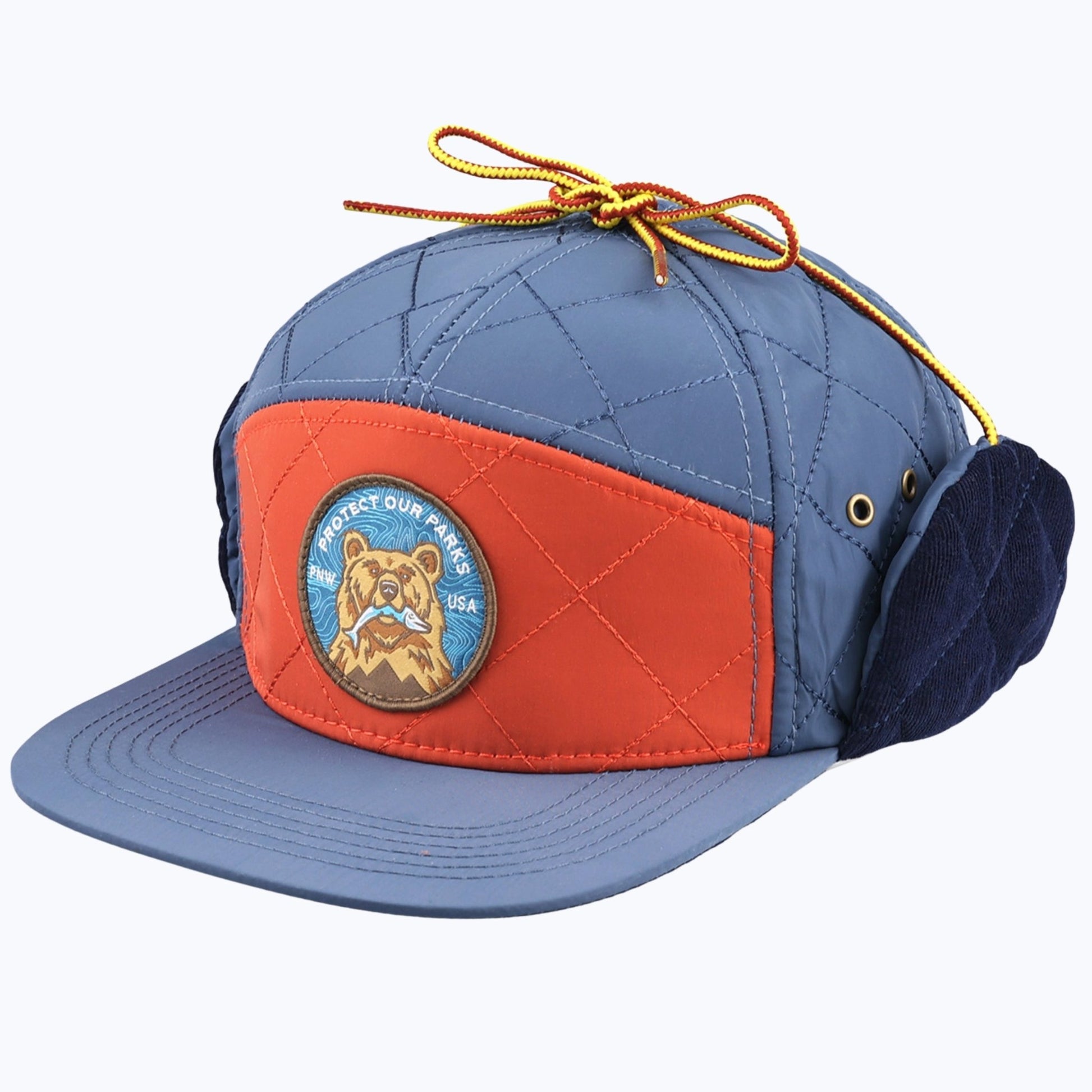 "Protect Our Parks" Bear 7 Panel Quilted Trapper Outdoor Cap - Navy/Orange - Wander Together Outfitters