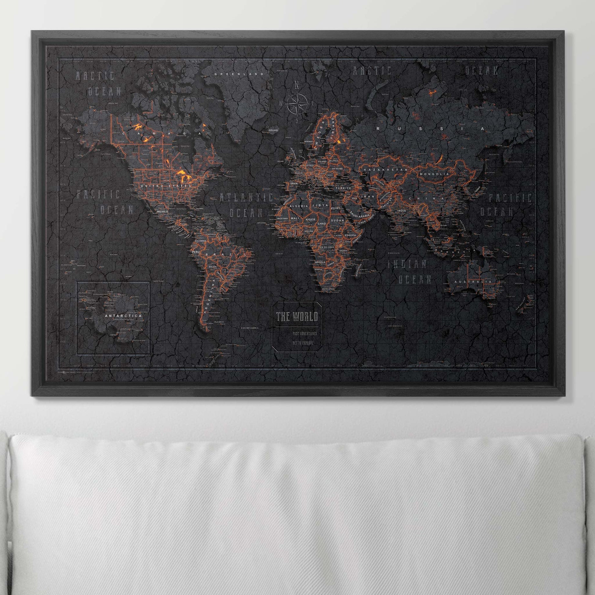 Push Pin World Map Pin Board - Obsidian Inferno - Pins Included! - Wander Together Outfitters