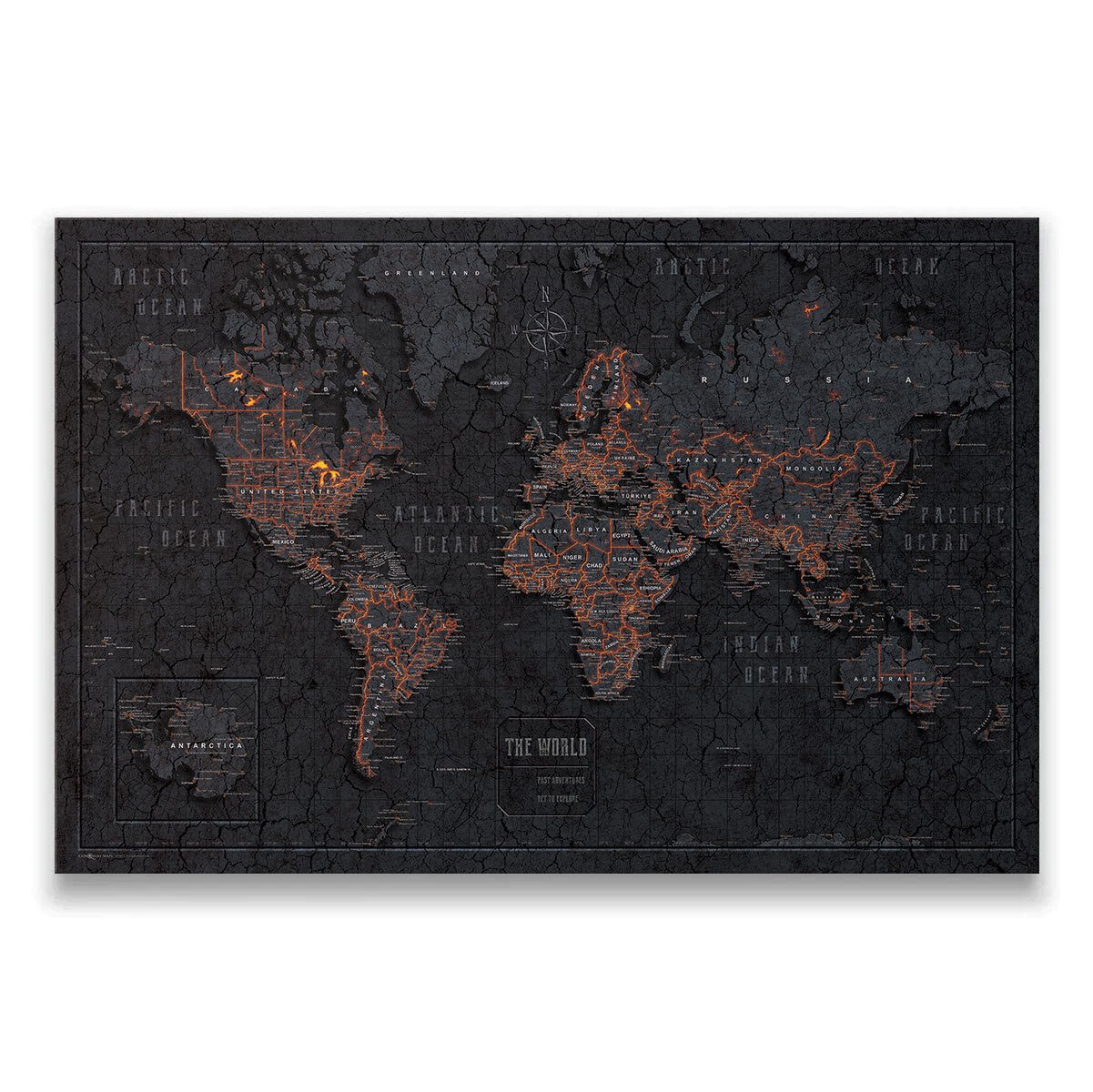 Push Pin World Map Pin Board - Obsidian Inferno - Pins Included! - Wander Together Outfitters