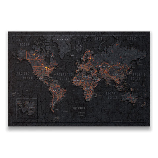 Push Pin World Map Pin Board - Obsidian Inferno - Pins Included! - Wander Together Outfitters