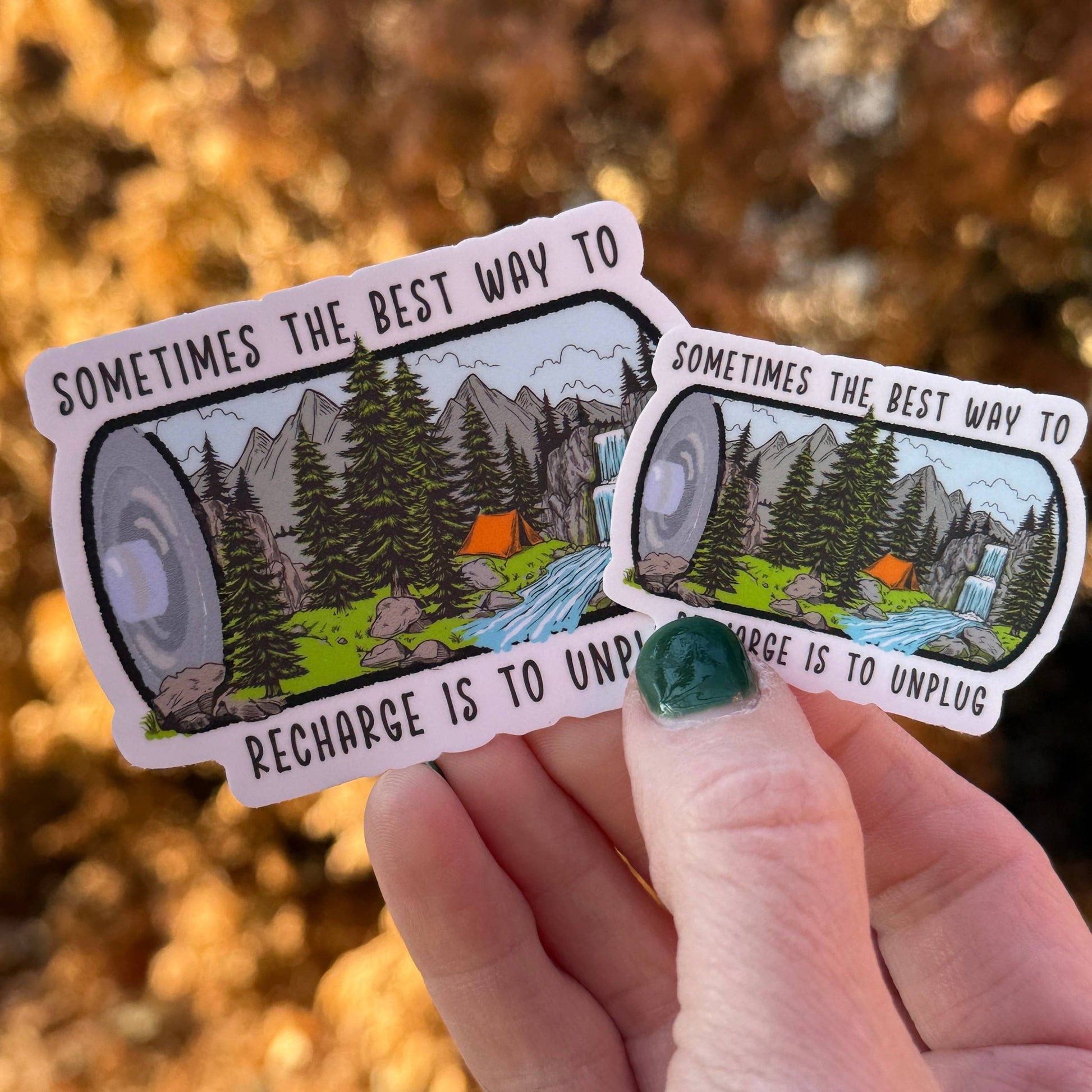"Recharge Your Battery " Camping At A Waterfall Vinyl Sticker - Wander Together Outfitters