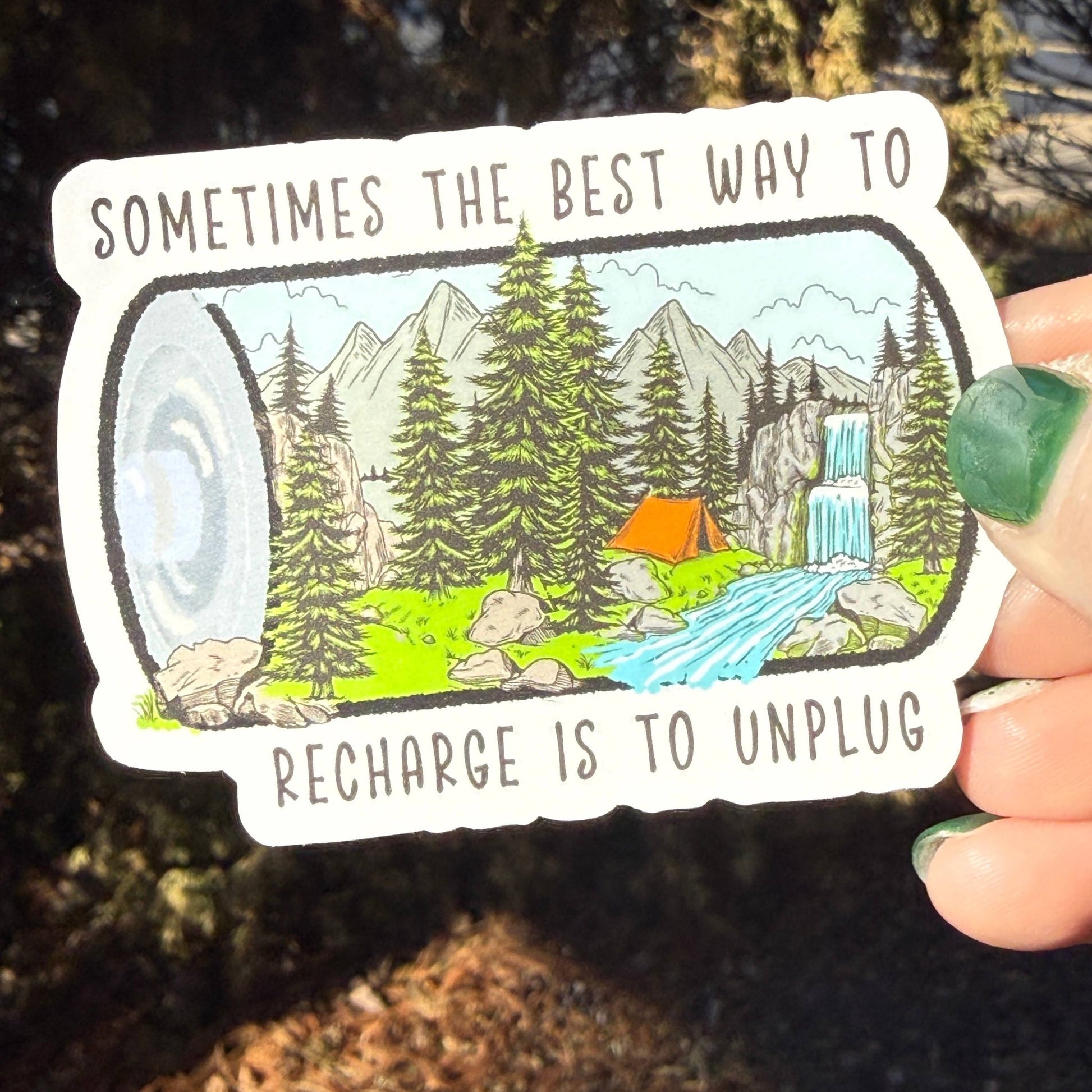 "Recharge Your Battery " Camping At A Waterfall Vinyl Sticker - Wander Together Outfitters