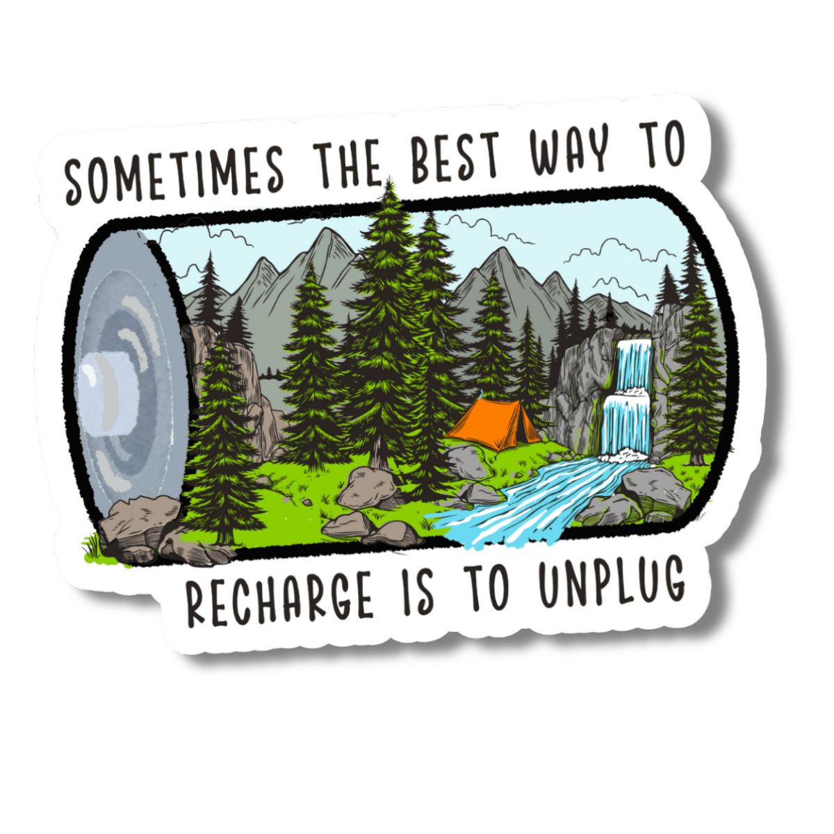 "Recharge Your Battery " Camping At A Waterfall Vinyl Sticker - Wander Together Outfitters