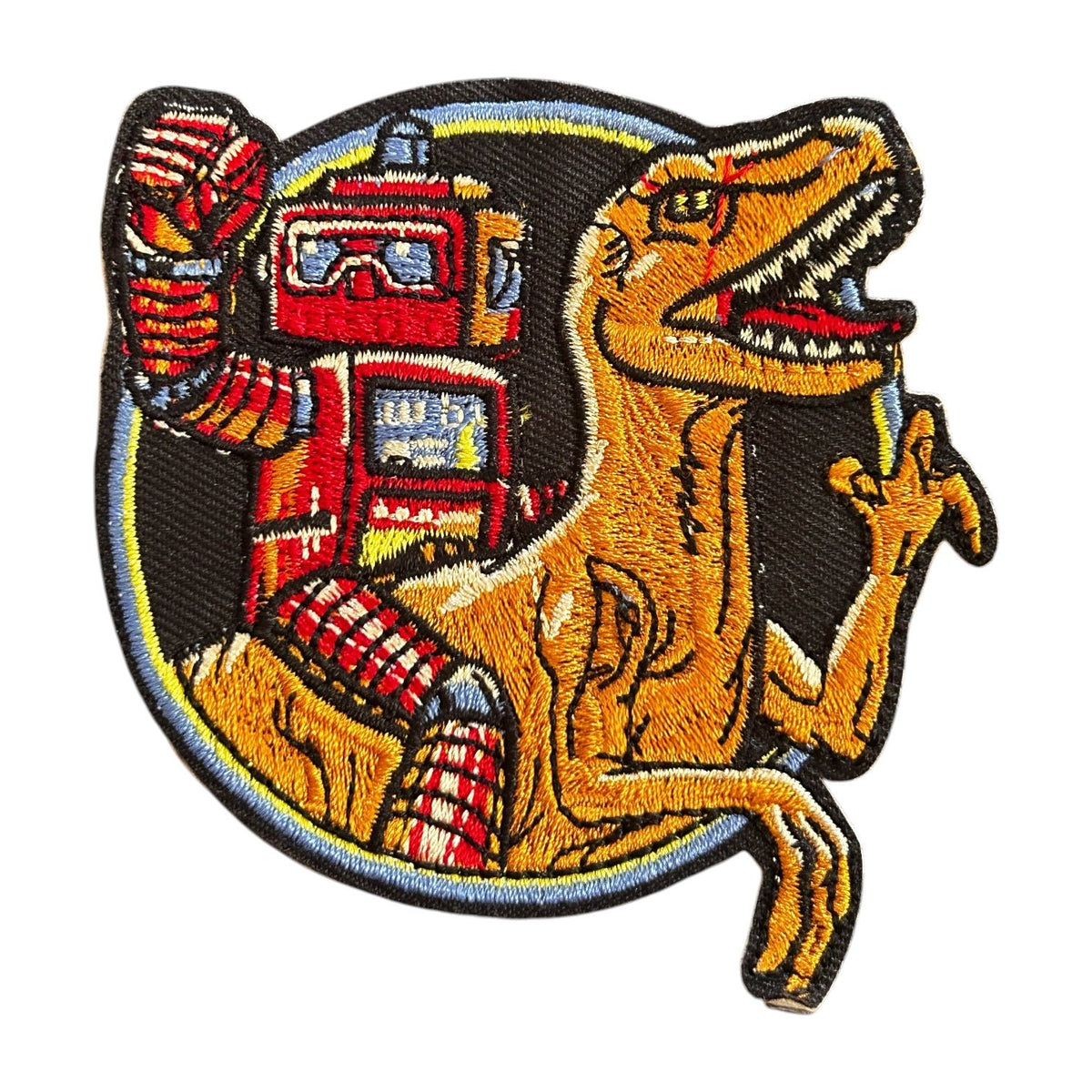 Robot Riding Dinosaur Iron On Patch - Wander Together Outfitters