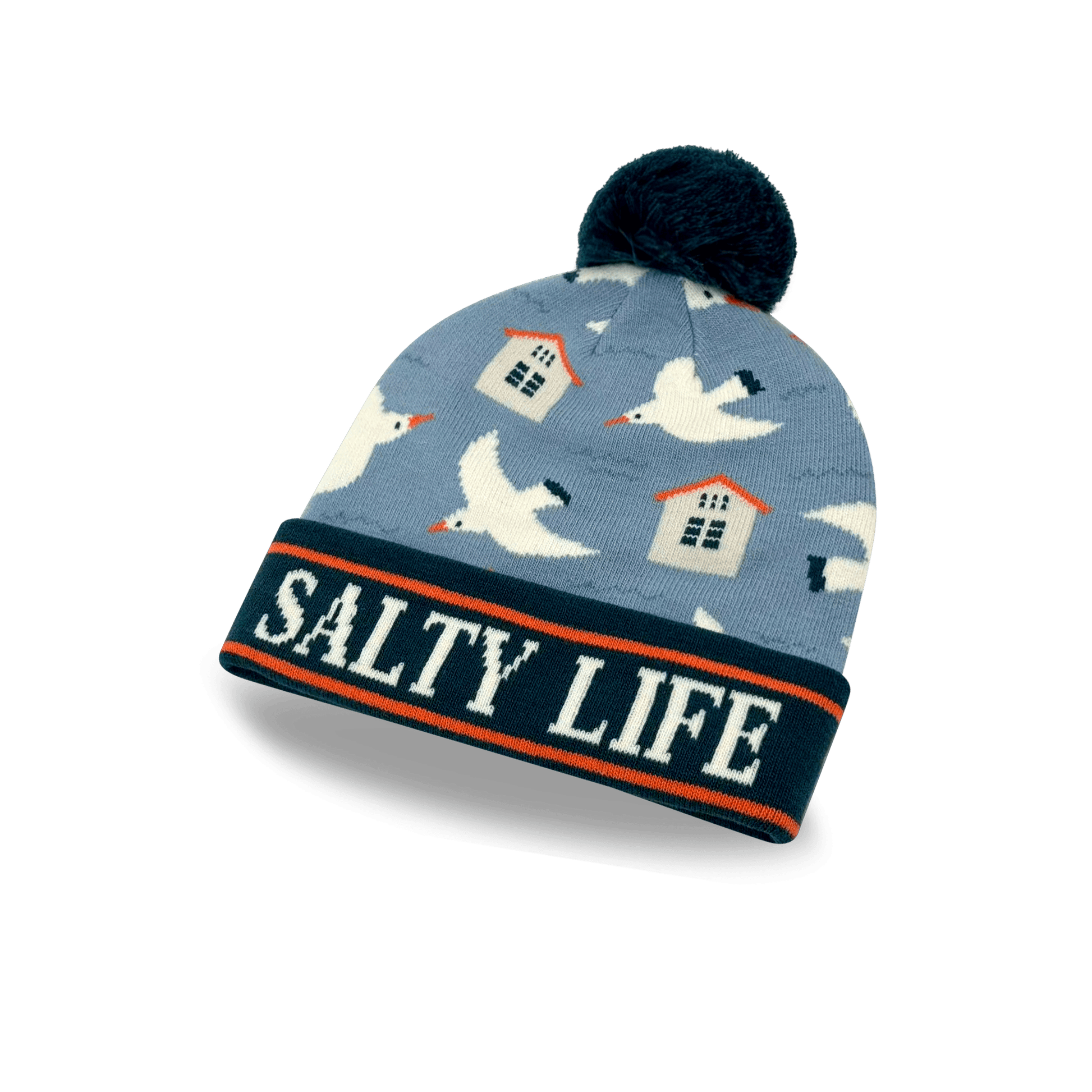 “Salty Life” Seagull & Beach House Knit Pom Pom Beanie – Coastal Winter Hat (SALE) - Wander Together Outfitters