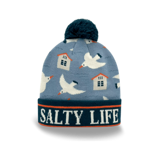 “Salty Life” Seagull & Beach House Knit Pom Pom Beanie – Coastal Winter Hat (SALE) - Wander Together Outfitters