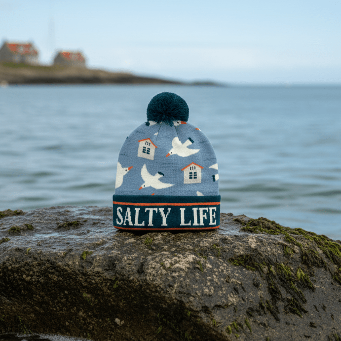 “Salty Life” Seagull & Beach House Knit Pom Pom Beanie – Coastal Winter Hat (SALE) - Wander Together Outfitters