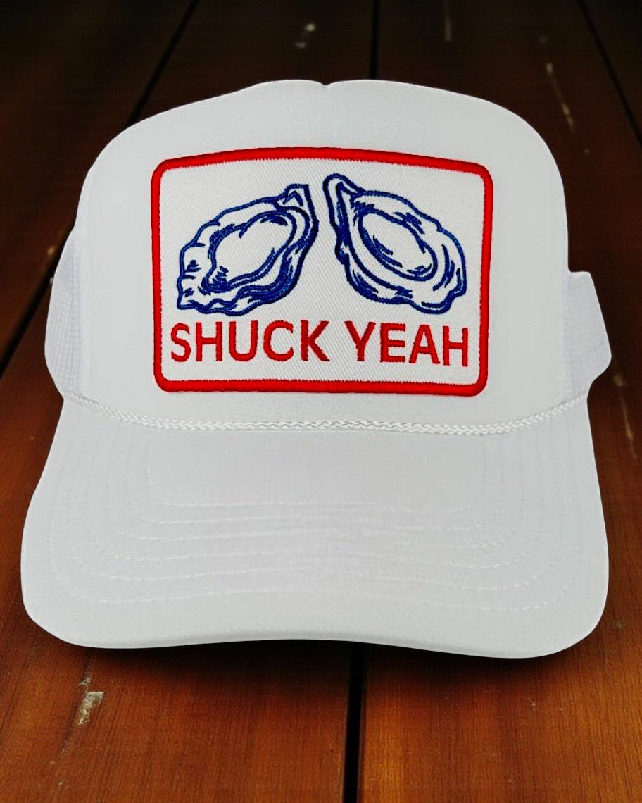 "Shuck Yeah" Embroidered Patch Hat White Trucker Hat (Oyster) - Wander Together Outfitters