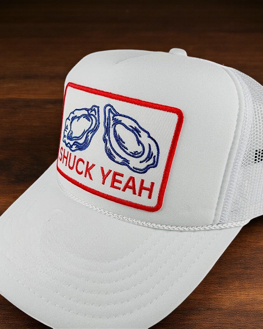 "Shuck Yeah" Embroidered Patch Hat White Trucker Hat (Oyster) - Wander Together Outfitters
