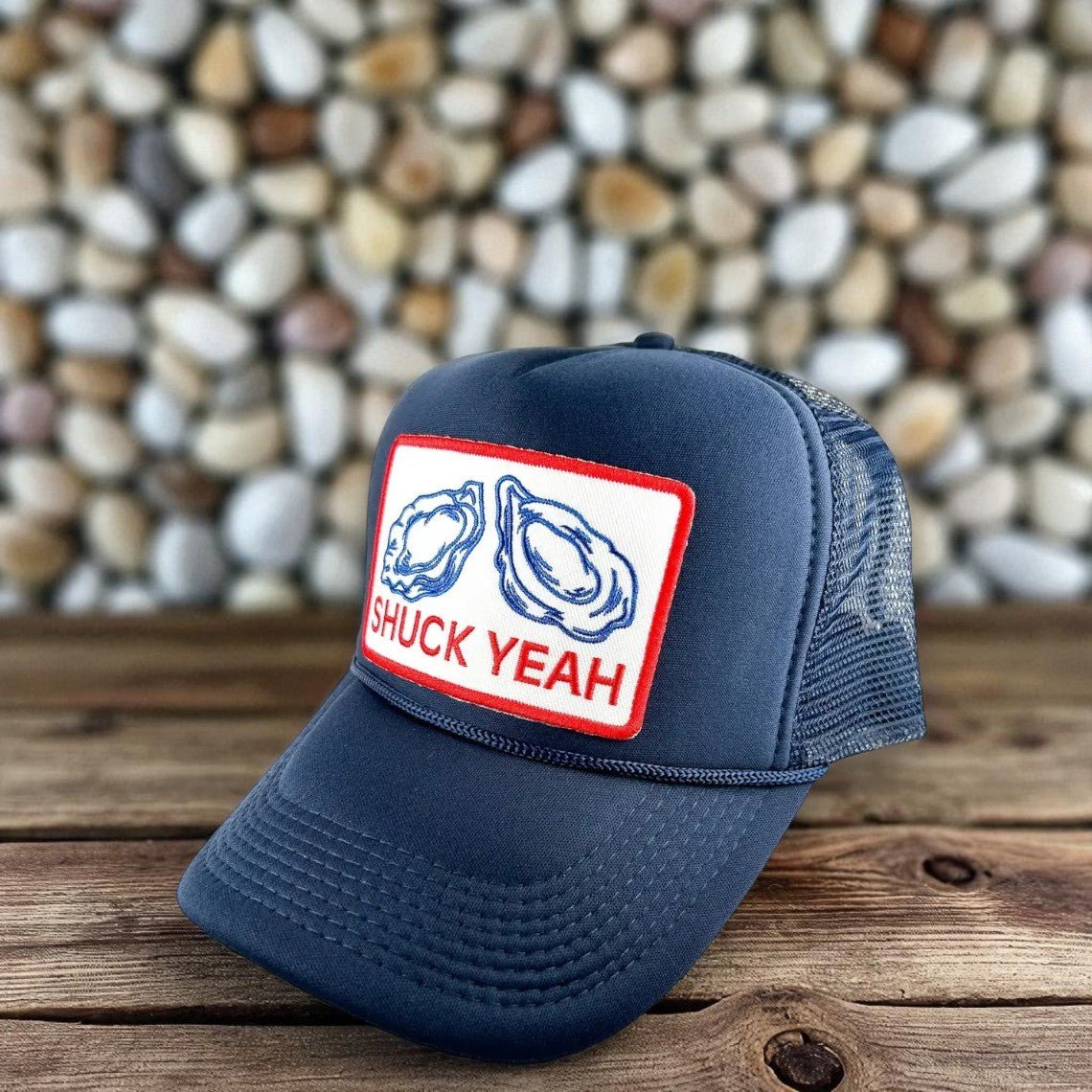 "Shuck Yeah "Embroidered Patch Navy Trucker Hat (Oyster) - Wander Together Outfitters