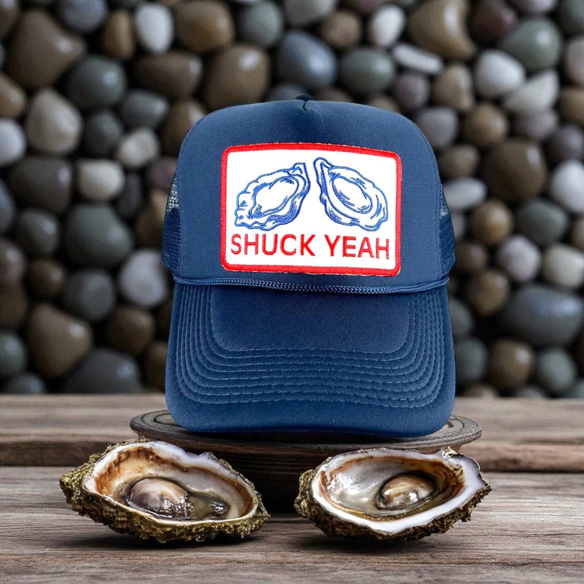 "Shuck Yeah "Embroidered Patch Navy Trucker Hat (Oyster) - Wander Together Outfitters