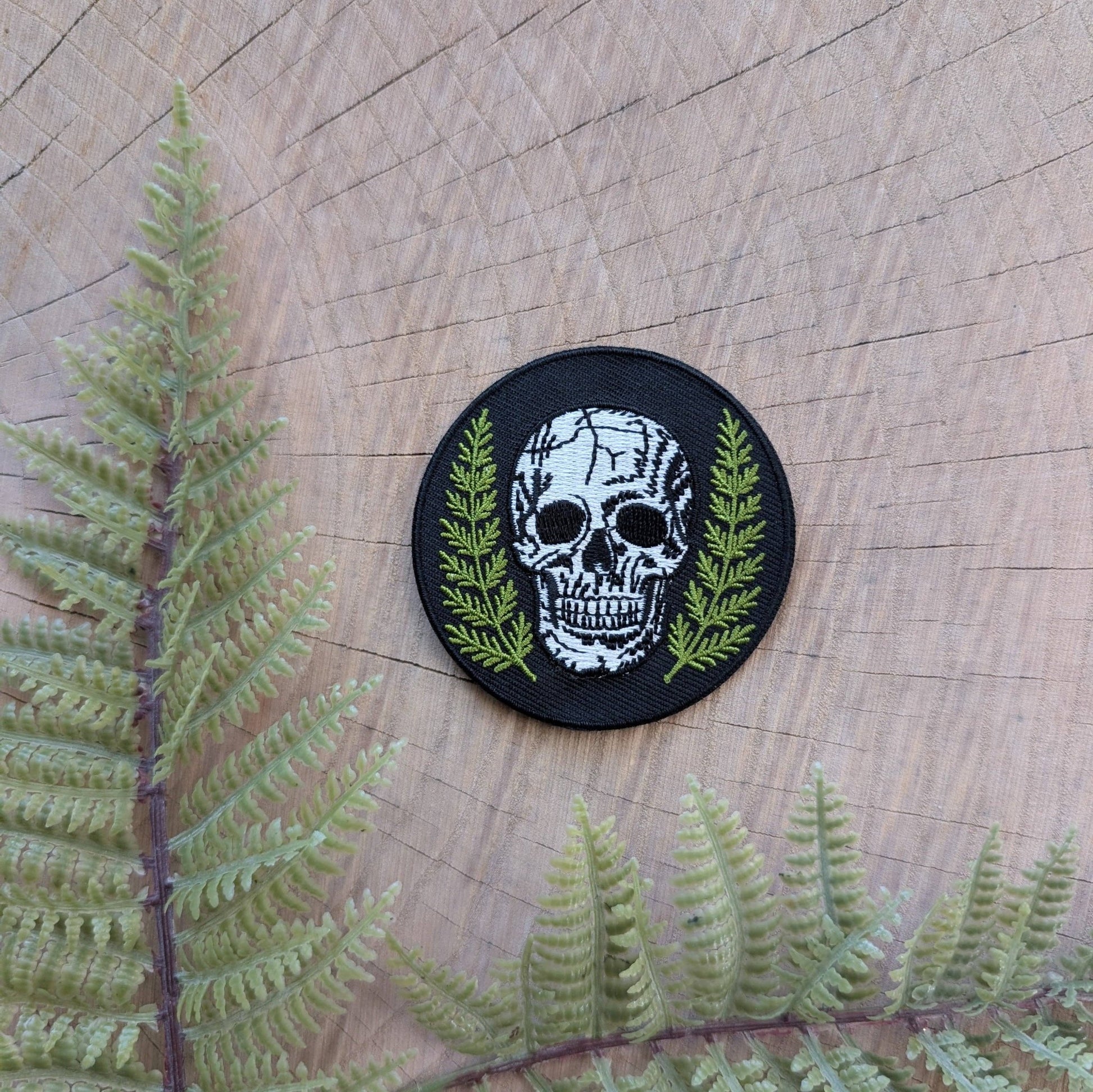 Skull With Ferns Round Embroidered Iron On Patch - Forest - Wander Together Outfitters
