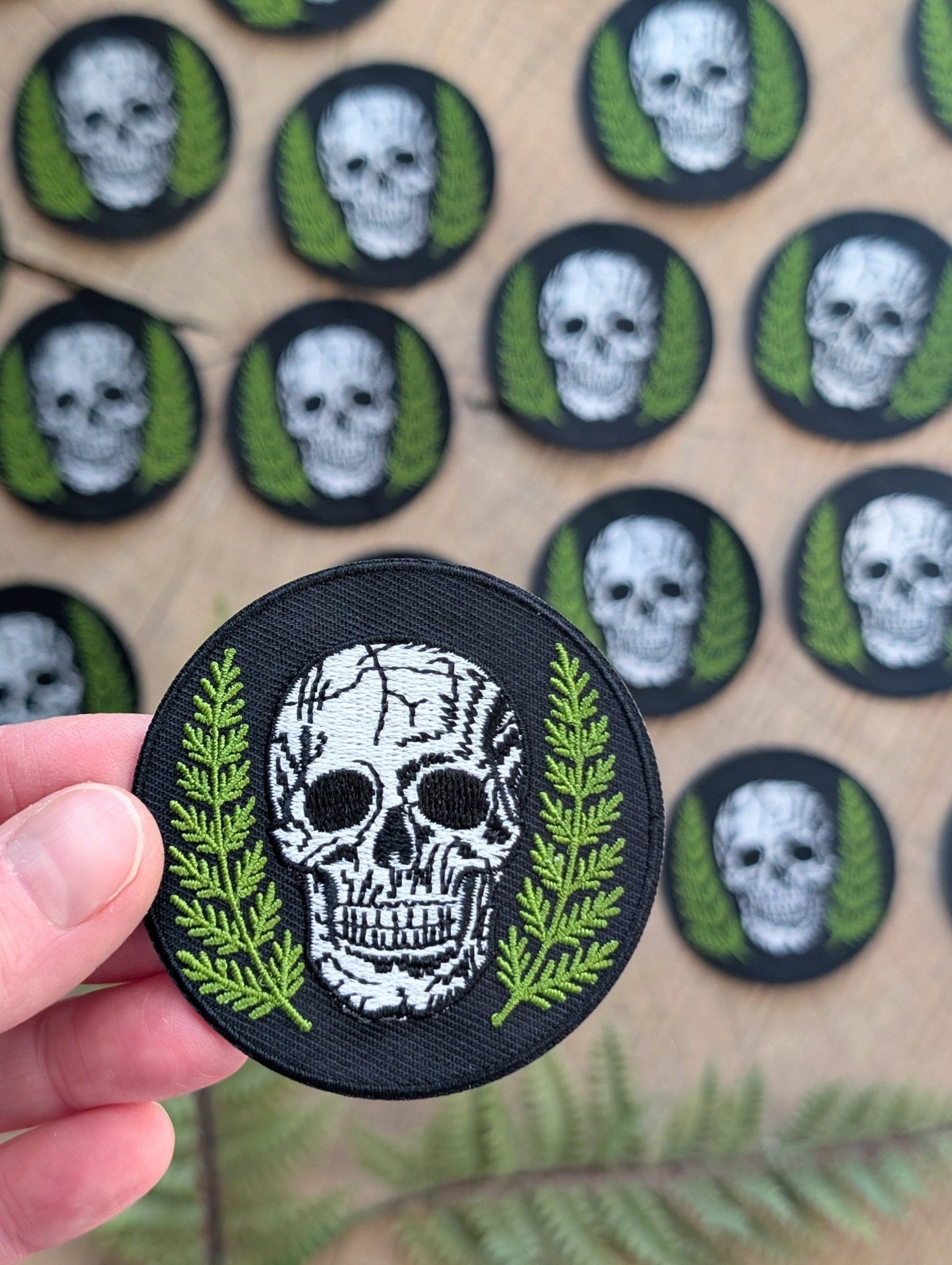 Skull With Ferns Round Embroidered Iron On Patch - Forest - Wander Together Outfitters