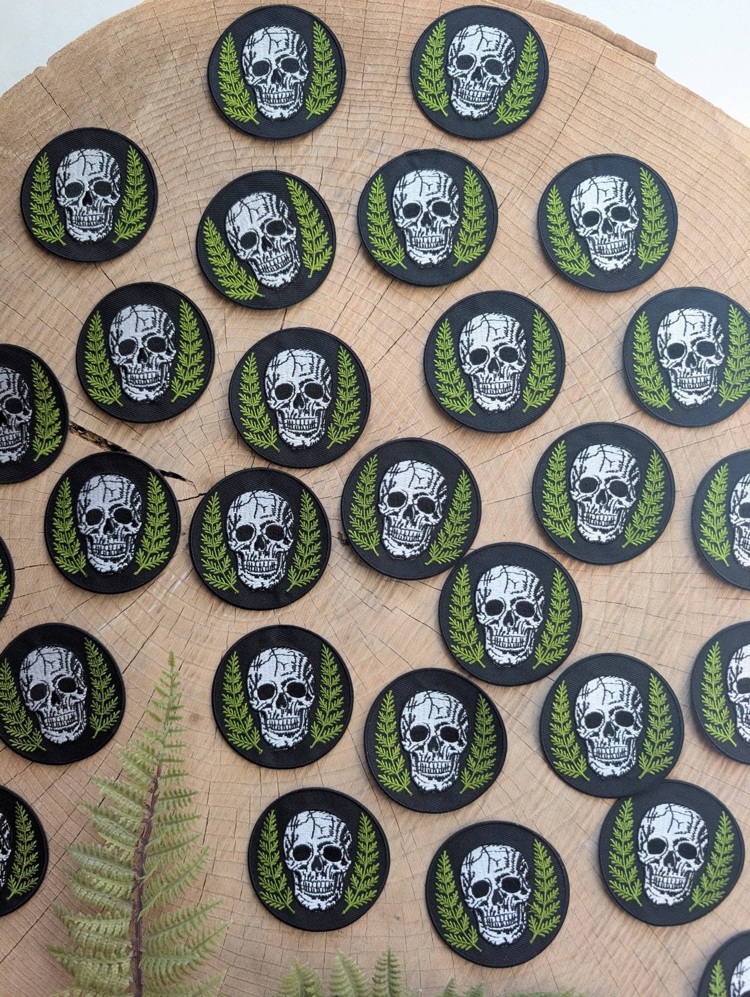 Skull With Ferns Round Embroidered Iron On Patch - Forest - Wander Together Outfitters