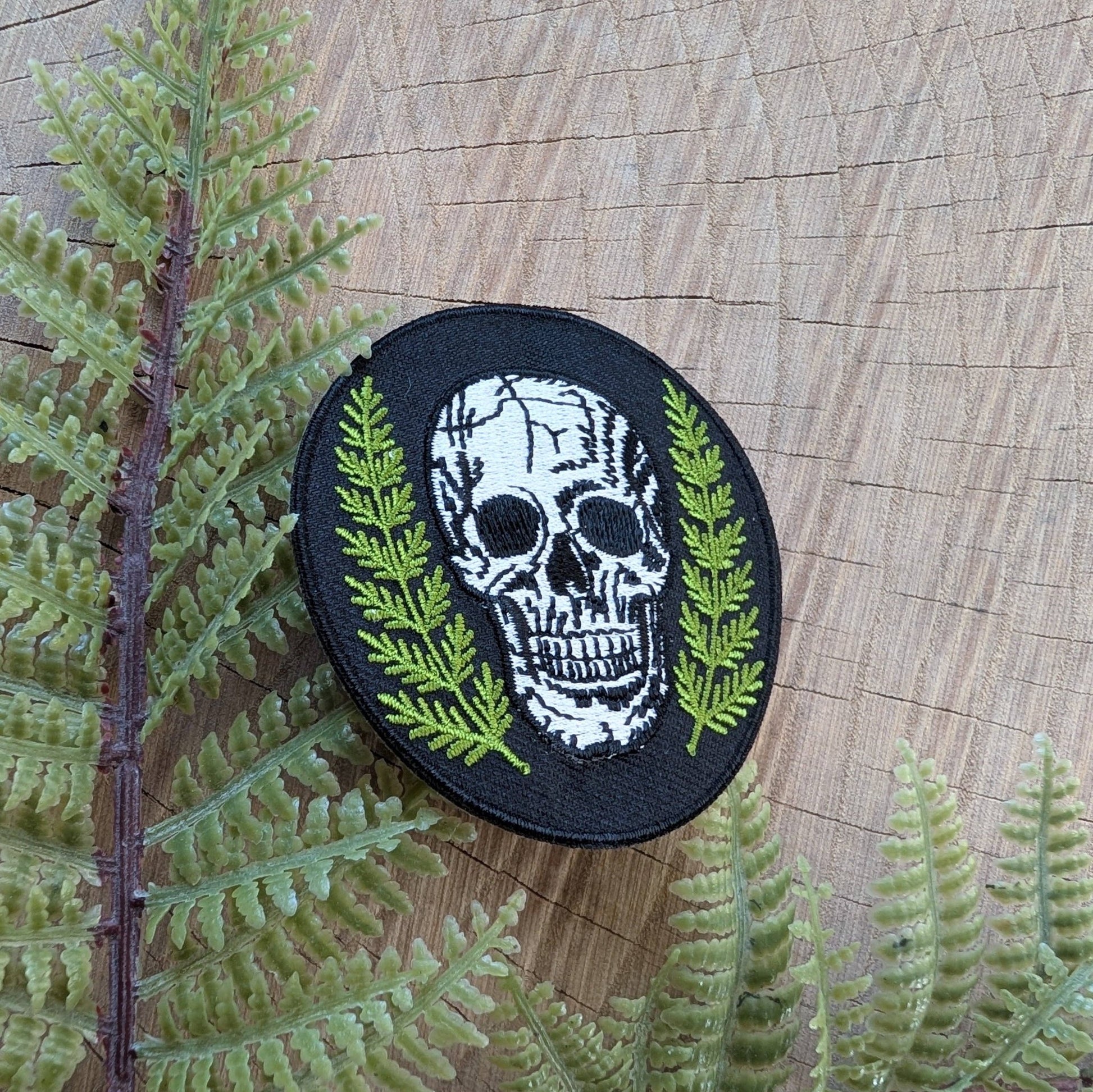 Skull With Ferns Round Embroidered Iron On Patch - Forest - Wander Together Outfitters