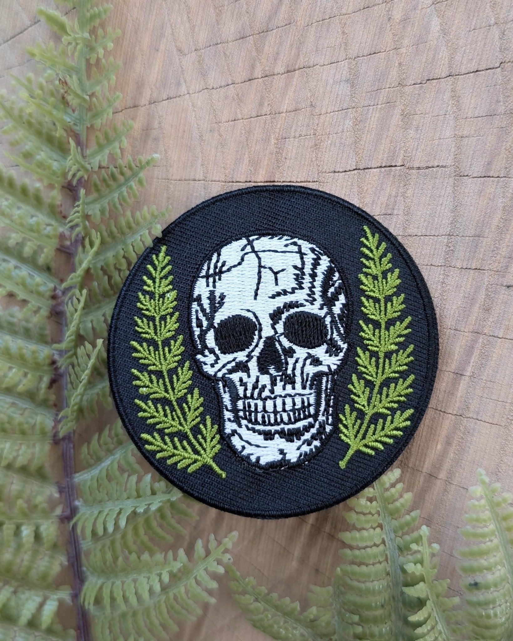 Skull With Ferns Round Embroidered Iron On Patch - Forest - Wander Together Outfitters