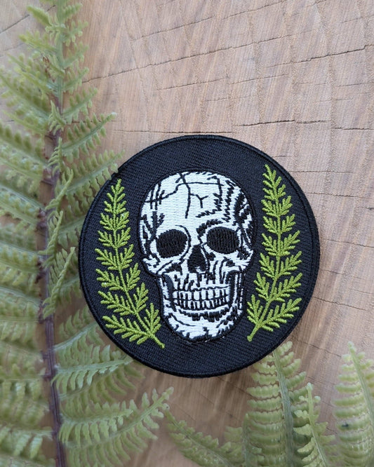 Skull With Ferns Round Embroidered Iron On Patch - Forest - Wander Together Outfitters
