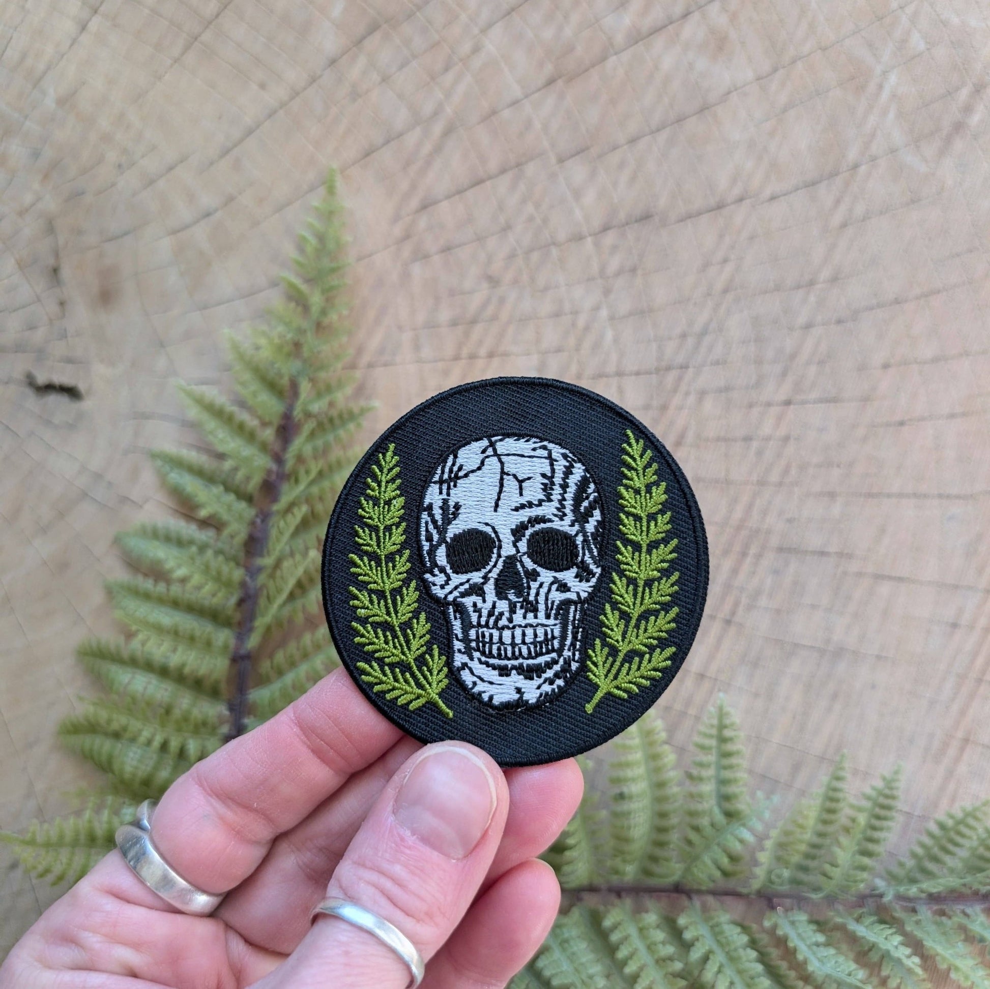 Skull With Ferns Round Embroidered Iron On Patch - Forest - Wander Together Outfitters