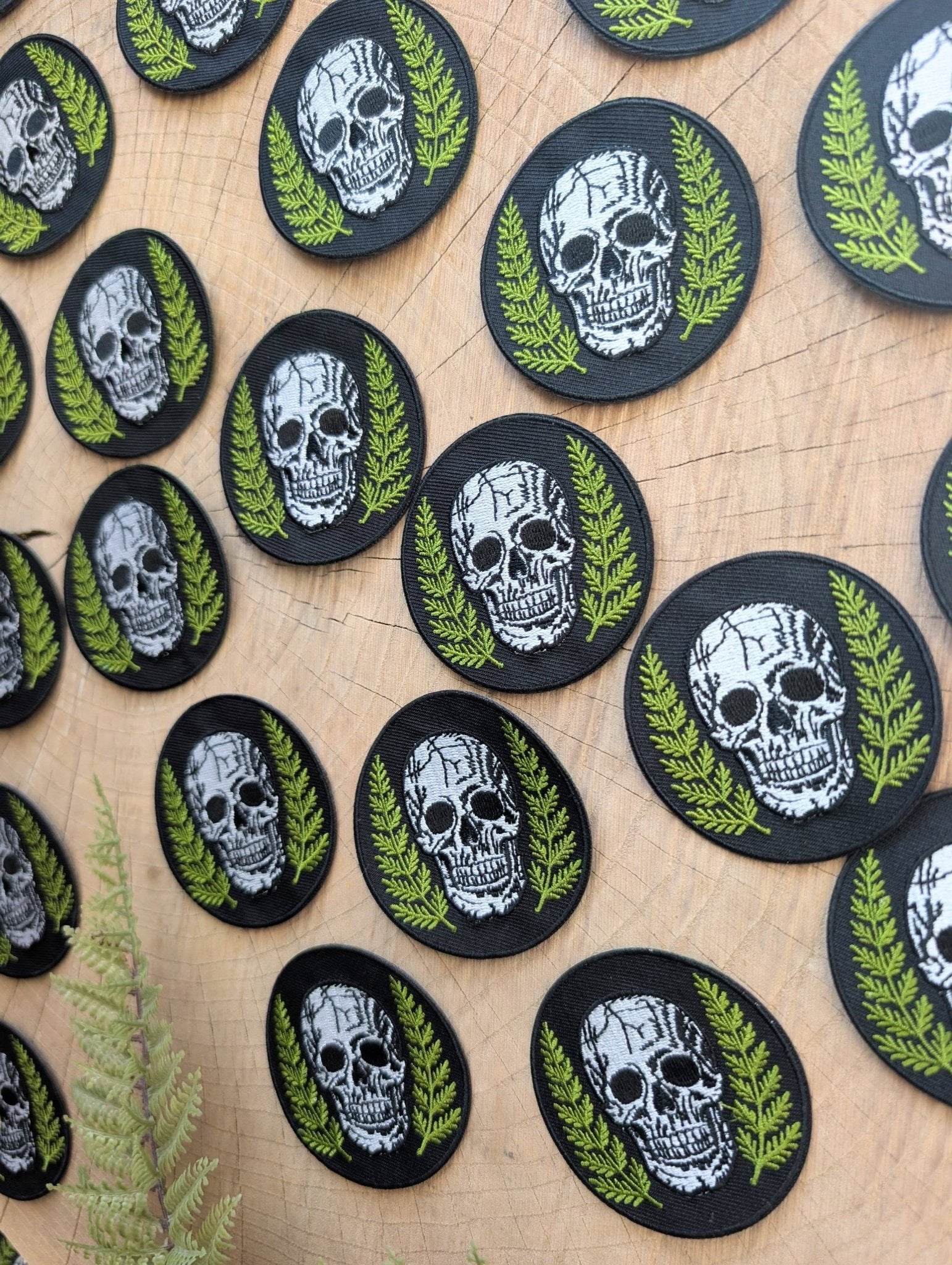 Skull With Ferns Round Embroidered Iron On Patch - Forest - Wander Together Outfitters