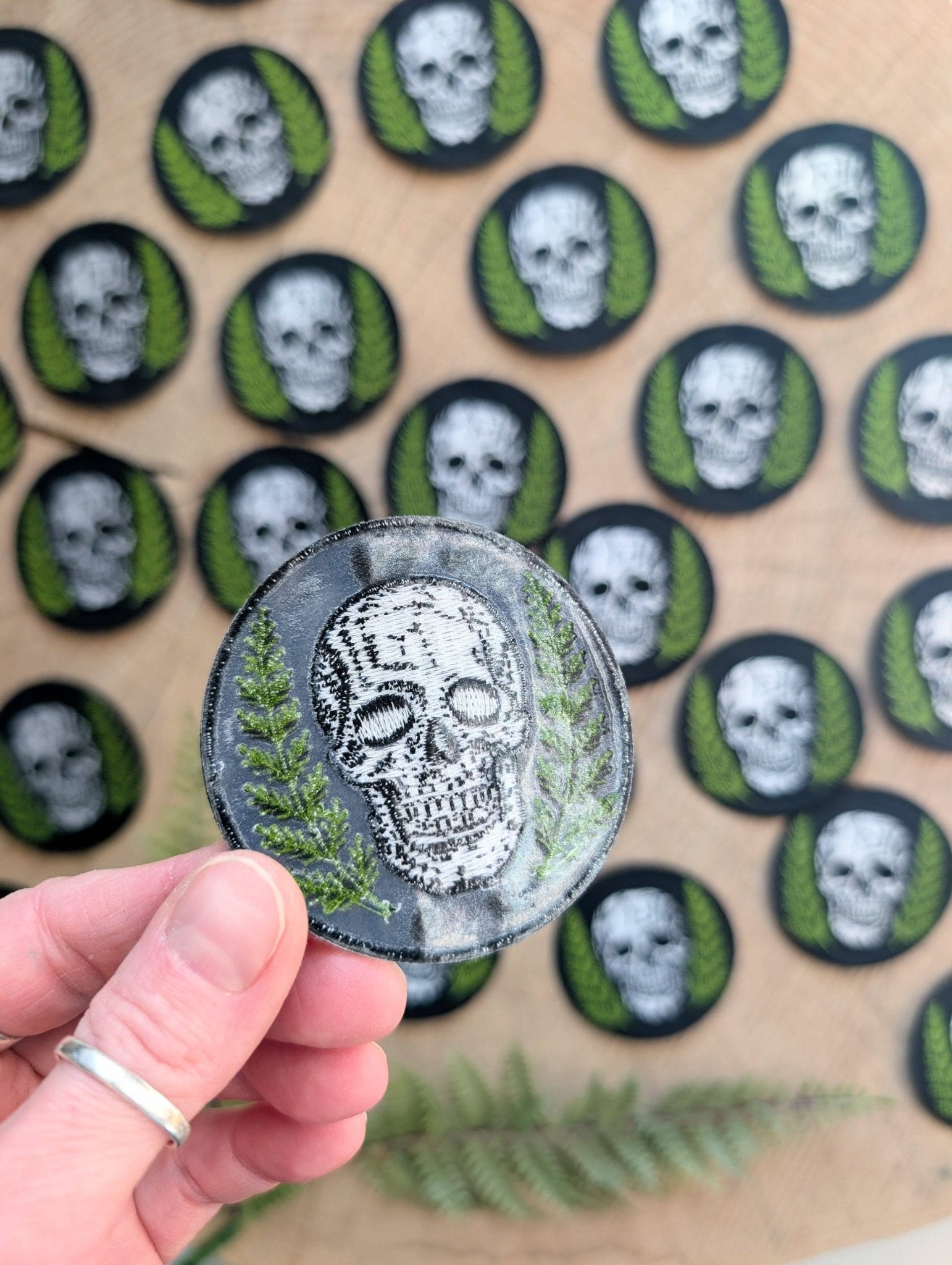 Skull With Ferns Round Embroidered Iron On Patch - Forest - Wander Together Outfitters