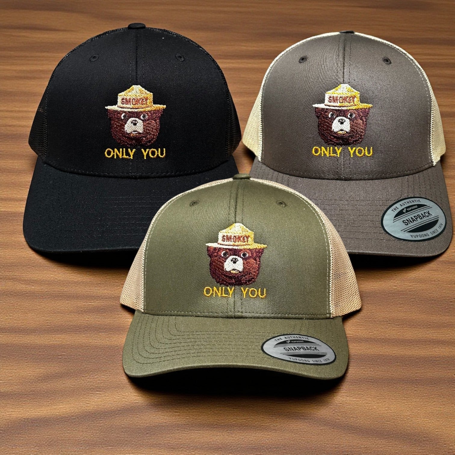 Smokey Bear Snapback Cap – Classic Mesh Trucker Style (Various Colors) - Wander Together Outfitters