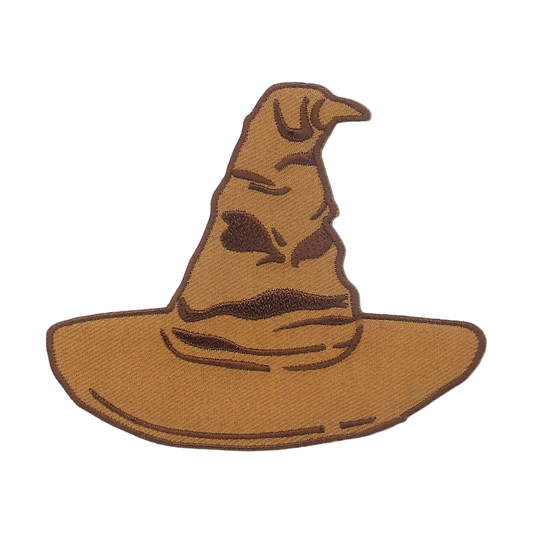 An embroidered patch of the Sorting Hat from Harry Potter, featuring a textured tan-brown fabric with dark brown stitched details, isolated on a white background.