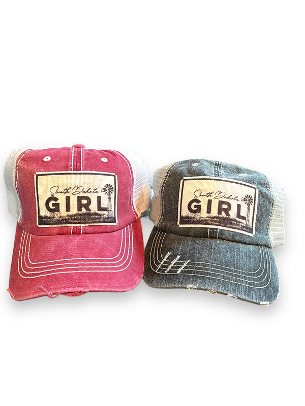 "South Dakota Girl" Distressed Trucker Caps (variety of colors)
