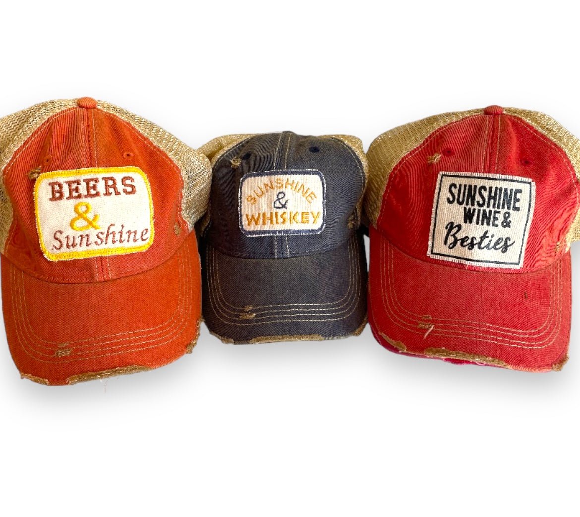 “Sunshine & Whiskey” Embroidered Patch Distressed Cap - Wander Together Outfitters