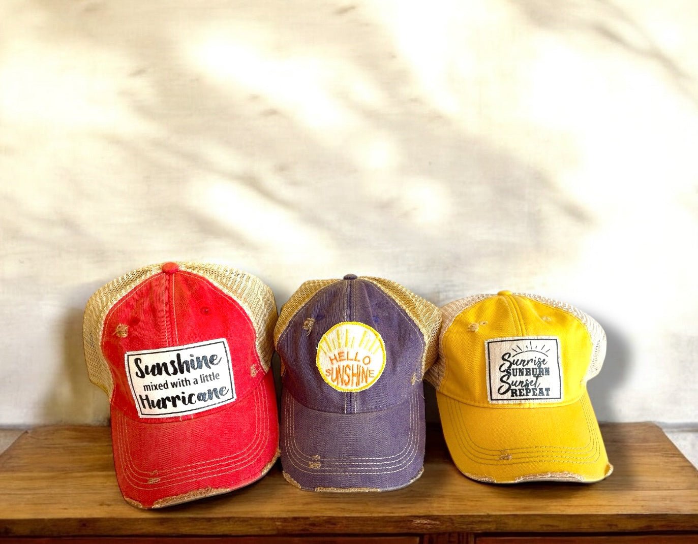 "Sunshine With A Little Hurricane" Distressed Trucker Cap (SALE) - Wander Together Outfitters