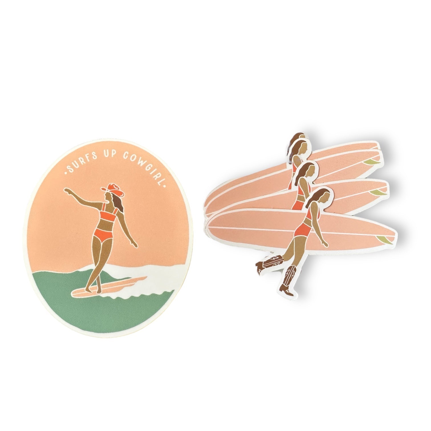 Surf Cowgirl Vinyl Stickers - Pink, Green & “Surf’s Up Cowgirl” - Wander Together Outfitters