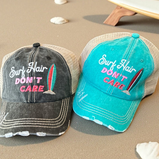 "Surf Hair Don't Care" Distressed Unisex Cap - Wander Together Outfitters