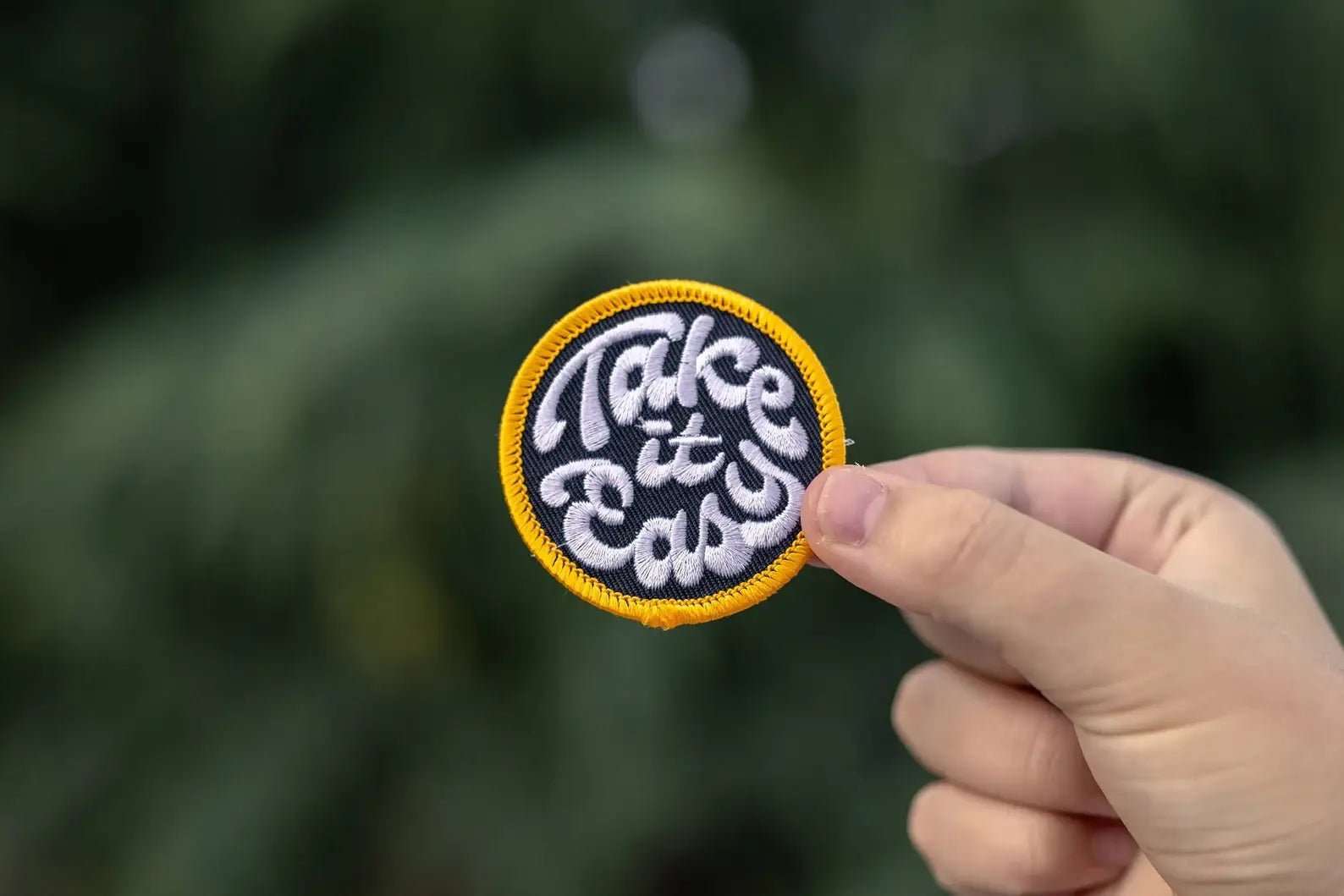 “Take it Easy” Embroidered Iron On Patch: Gold Background - Wander Together Outfitters
