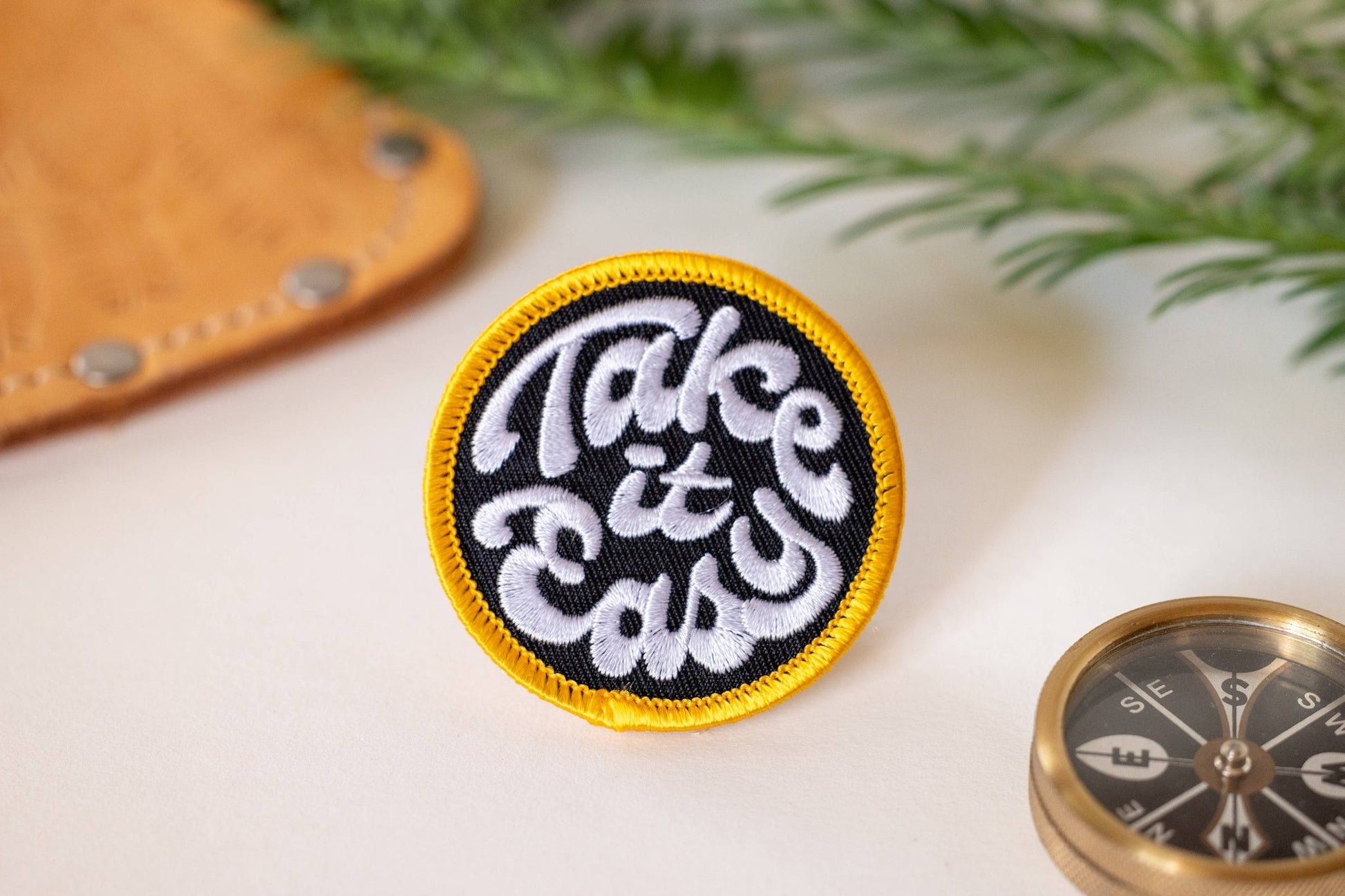 “Take it Easy” Embroidered Iron On Patch: Gold Background - Wander Together Outfitters