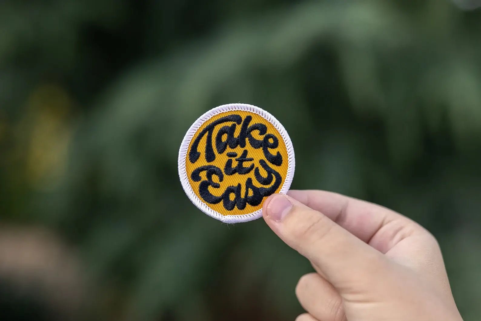 “Take it Easy” Embroidered Iron On Patch: Gold Background - Wander Together Outfitters